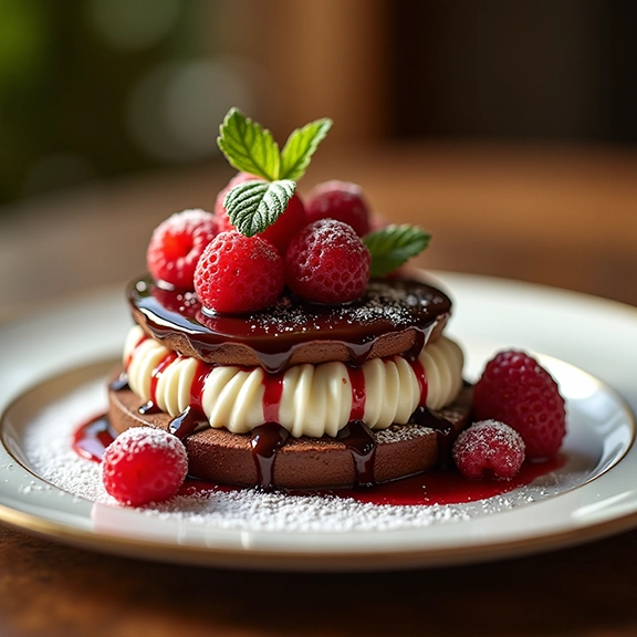 A delicious dessert featuring layers of chocolate cake, cream filling, fresh raspberries, and drizzled chocolate sauce, garnished with mint leaves.