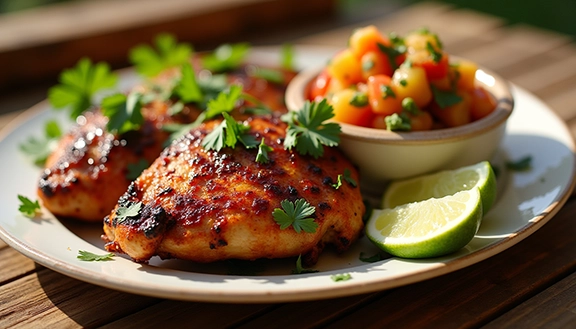 Grilled Jamaican jerk chicken thighs garnished with fresh cilantro and accompanied by a bowl of mango salsa and lime wedges.