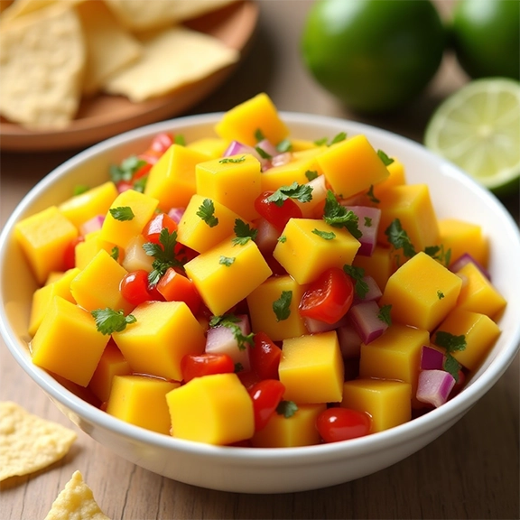 A vibrant bowl of diced mango salsa featuring bright yellow mango cubes, chopped red bell peppers, red onion, and fresh cilantro, garnished and ready to serve with tortilla chips.