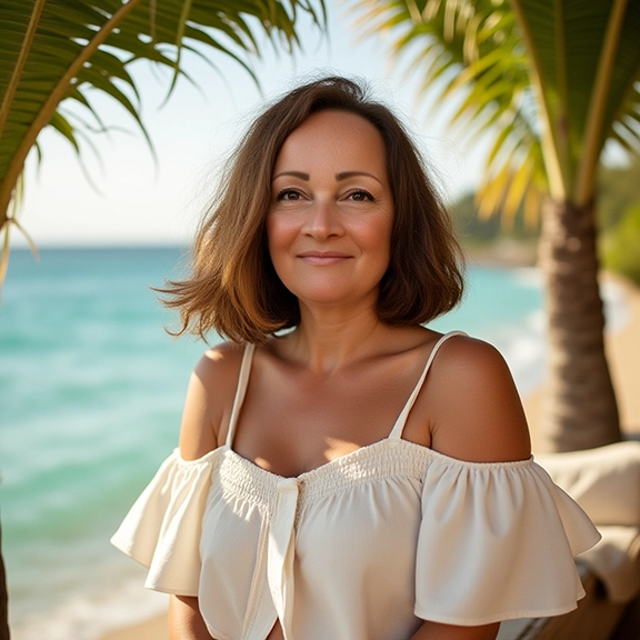 Woman with shoulder-length hair smiling by the beach, framed by palm trees and ocean in the background.